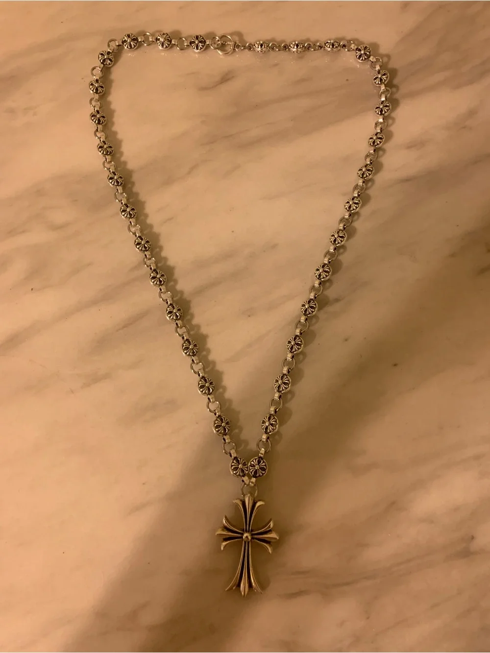 Chrome Hearts Silver Floral Link Cross Necklace